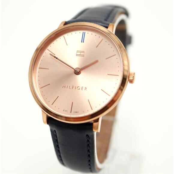 Tommy Hilfiger Womens Rose Gold Tone Slim 35mm Watch Blue Leather w New Battery - Picture 1 of 16